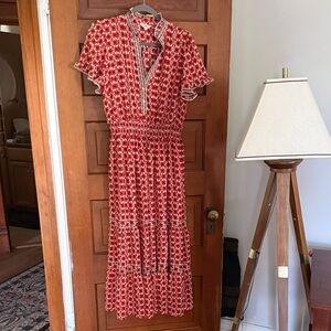 Max Studio Red Floral Ruffle V-Neck maxi dress